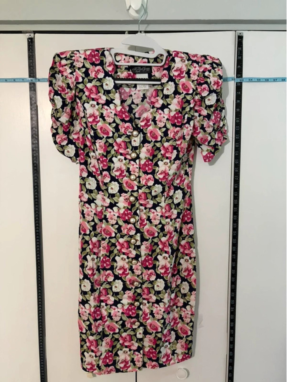Pin-up Dress Sz 5/6 Navy Pink Floral Puff Sleeve Pearl Button